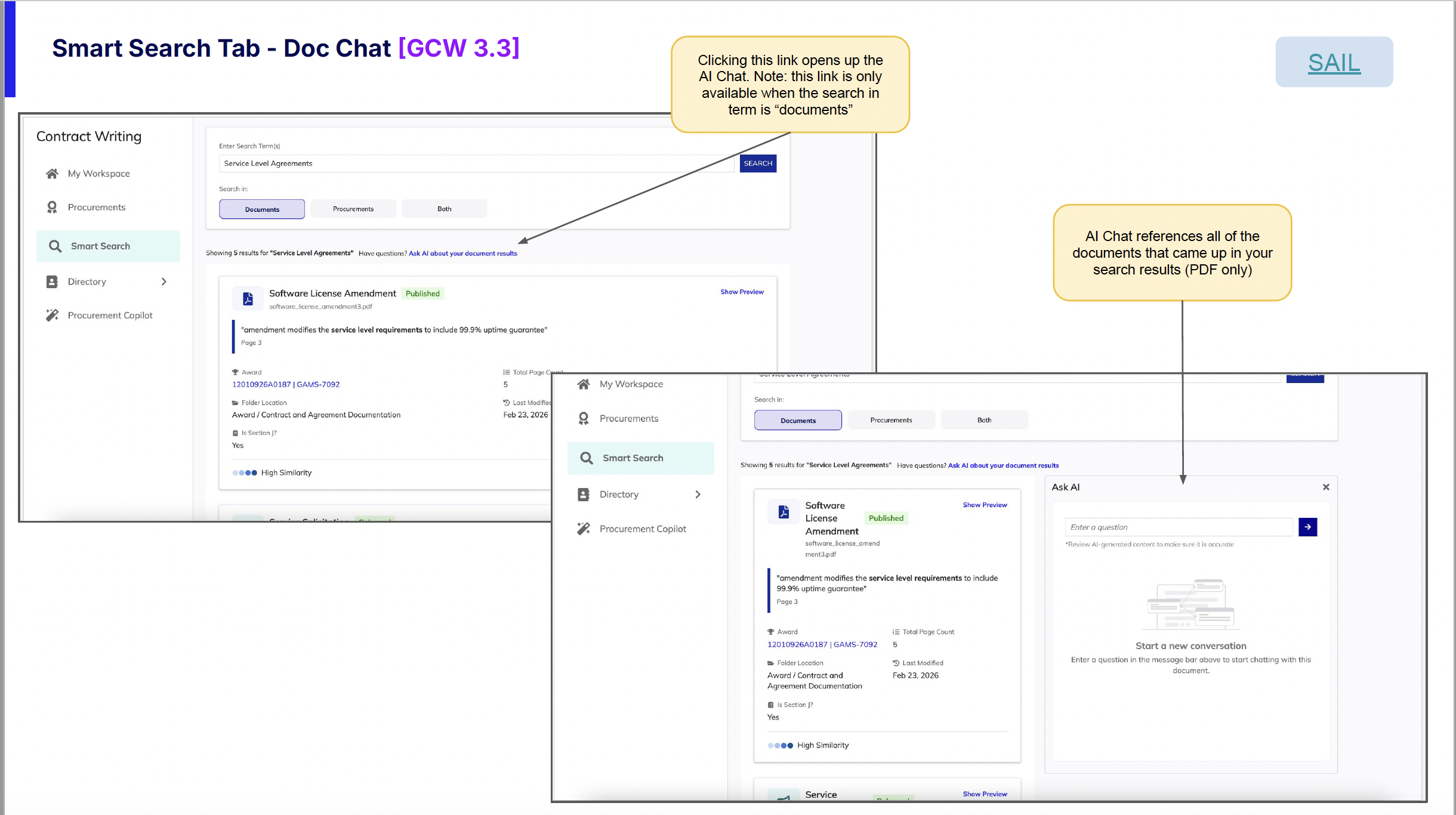 Smart Search AI Chat integration showing the 'Ask AI about your document results' link and the AI Chat panel that references all PDF documents from search results