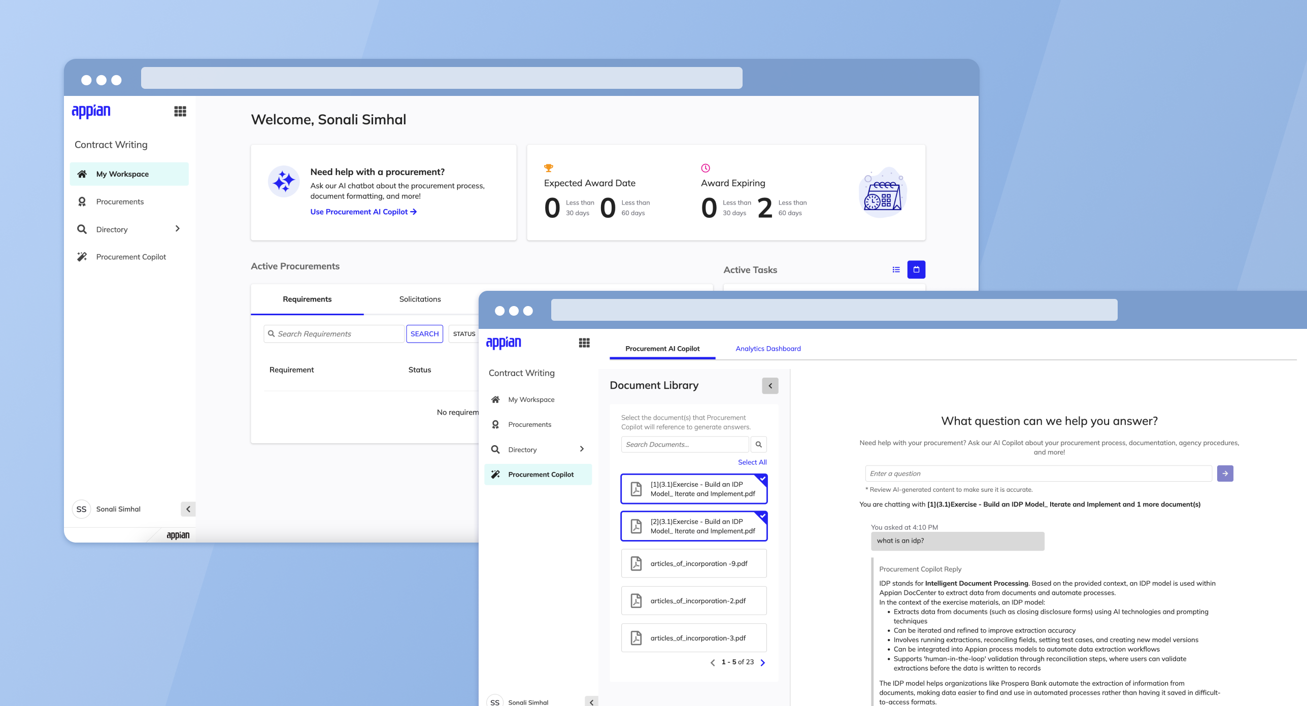Contract Writing dashboard showing My Workspace with procurement overview and Procurement AI Copilot with document library and chat interface
