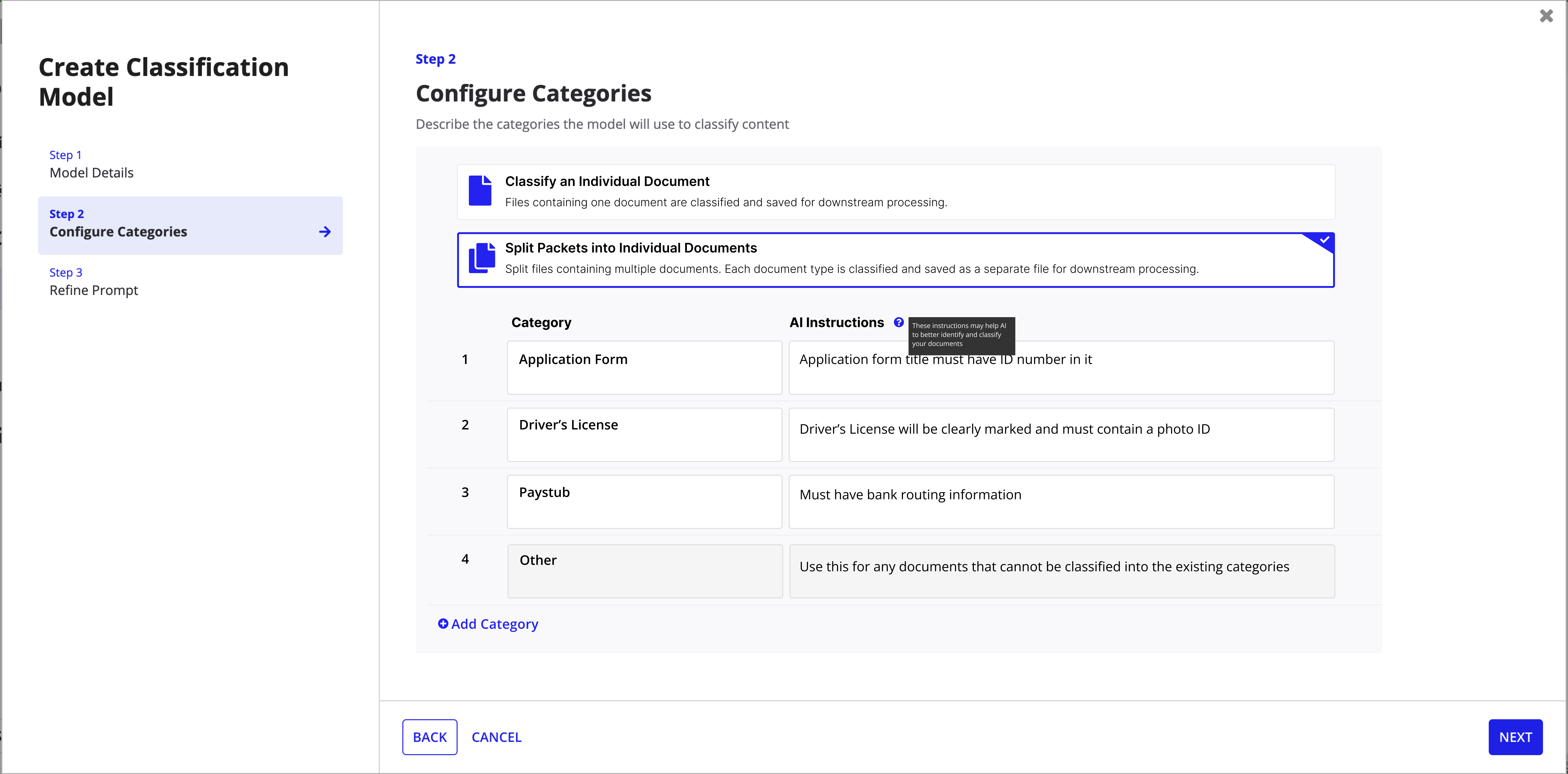 Final Create Classification Model Step 2 with radio selection between Classify an Individual Document and Split Packets into Individual Documents, with category table and AI Instructions
