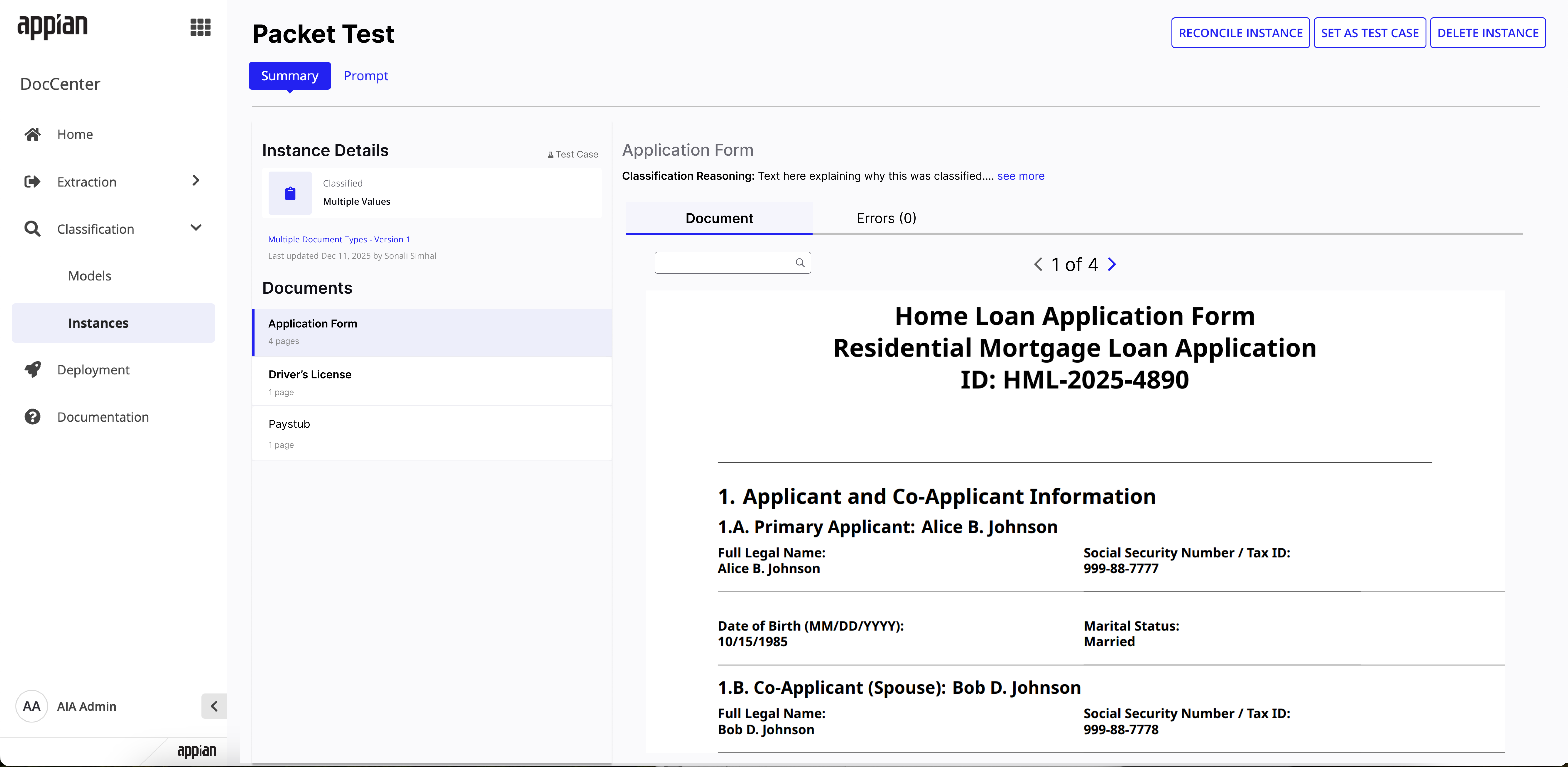 Instance detail showing Classified status with Multiple Values, Documents list with Application Form (4 pages), Driver's License (1 page), and Paystub (1 page)