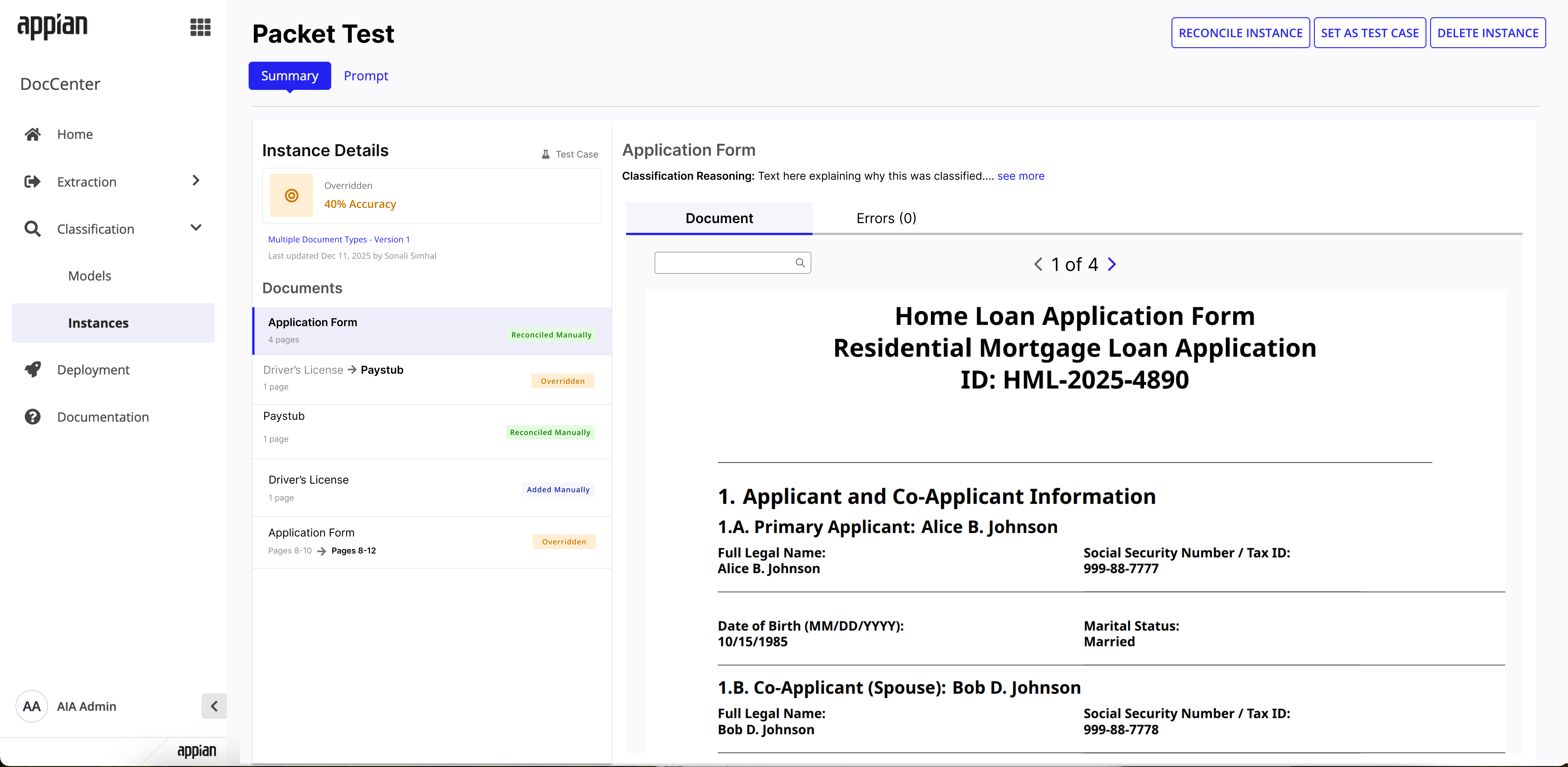 Instance detail showing Overridden status at 40% accuracy with reconciliation history: Reconciled Manually, Overridden, and Added Manually statuses per document