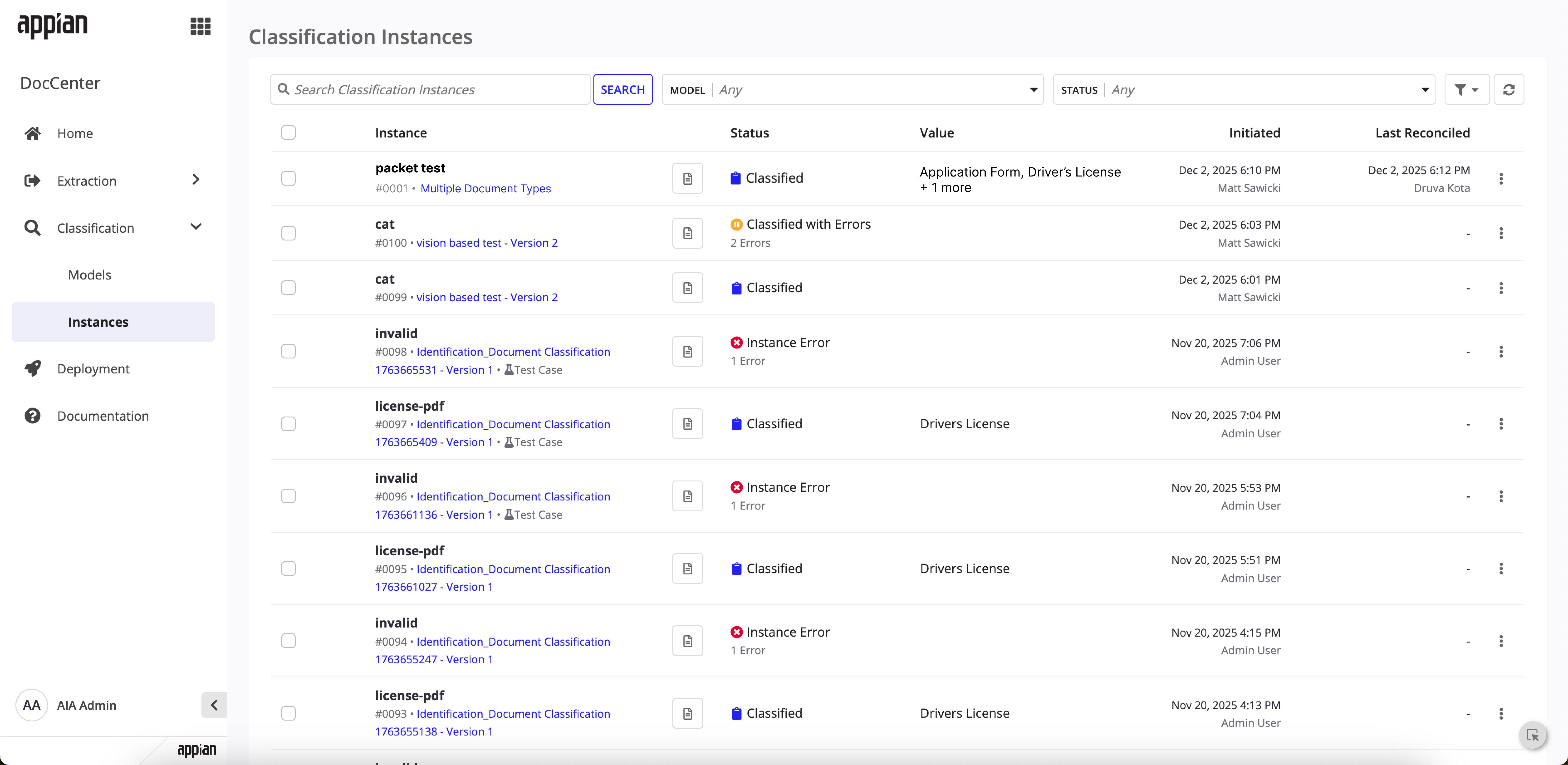 Classification Instances list showing packet test with Classified status and value showing Application Form, Driver's License plus 1 more