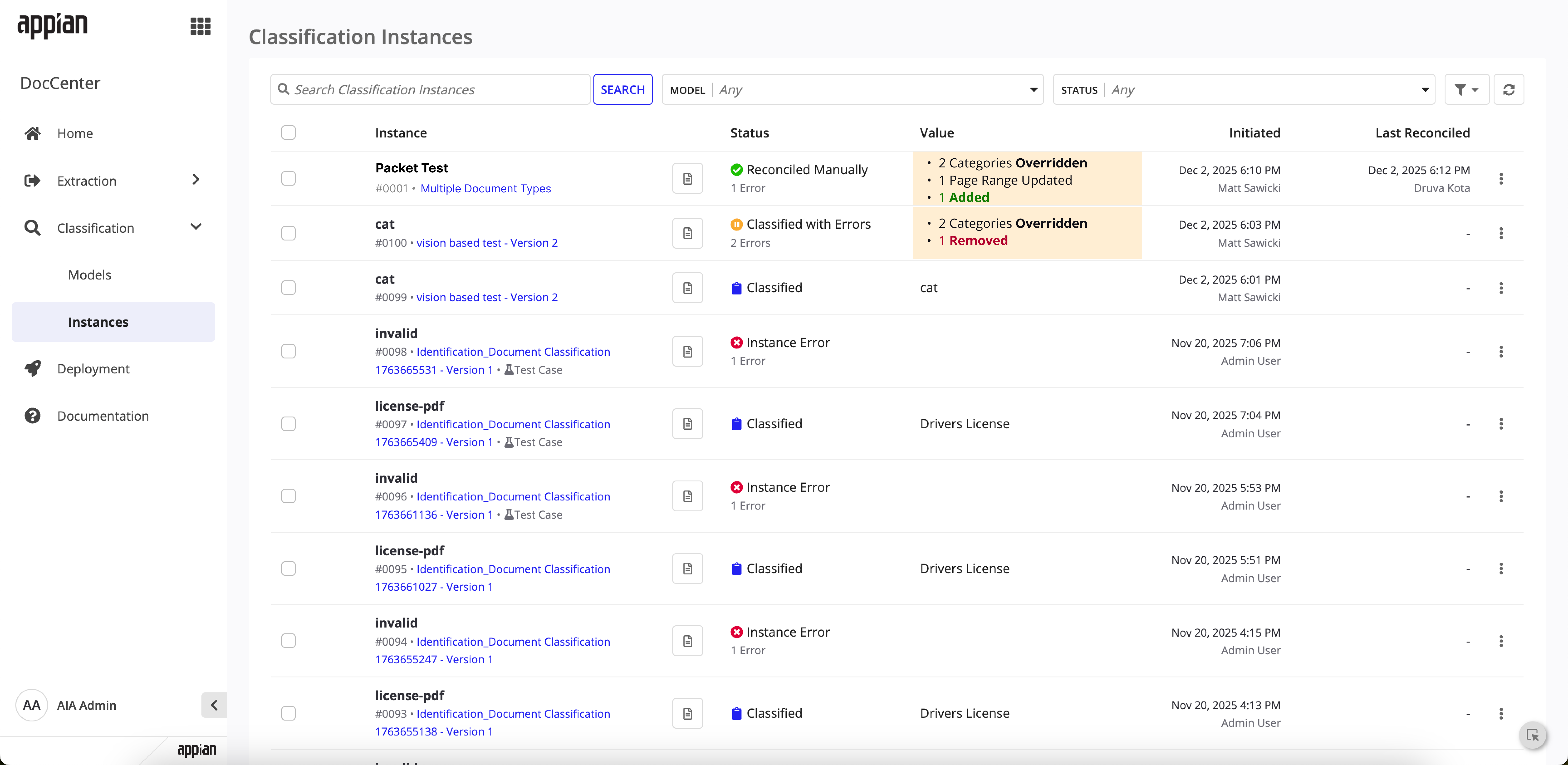 Classification Instances list showing reconciled packet with change summary: 2 Categories Overridden, 1 Page Range Updated, 1 Added