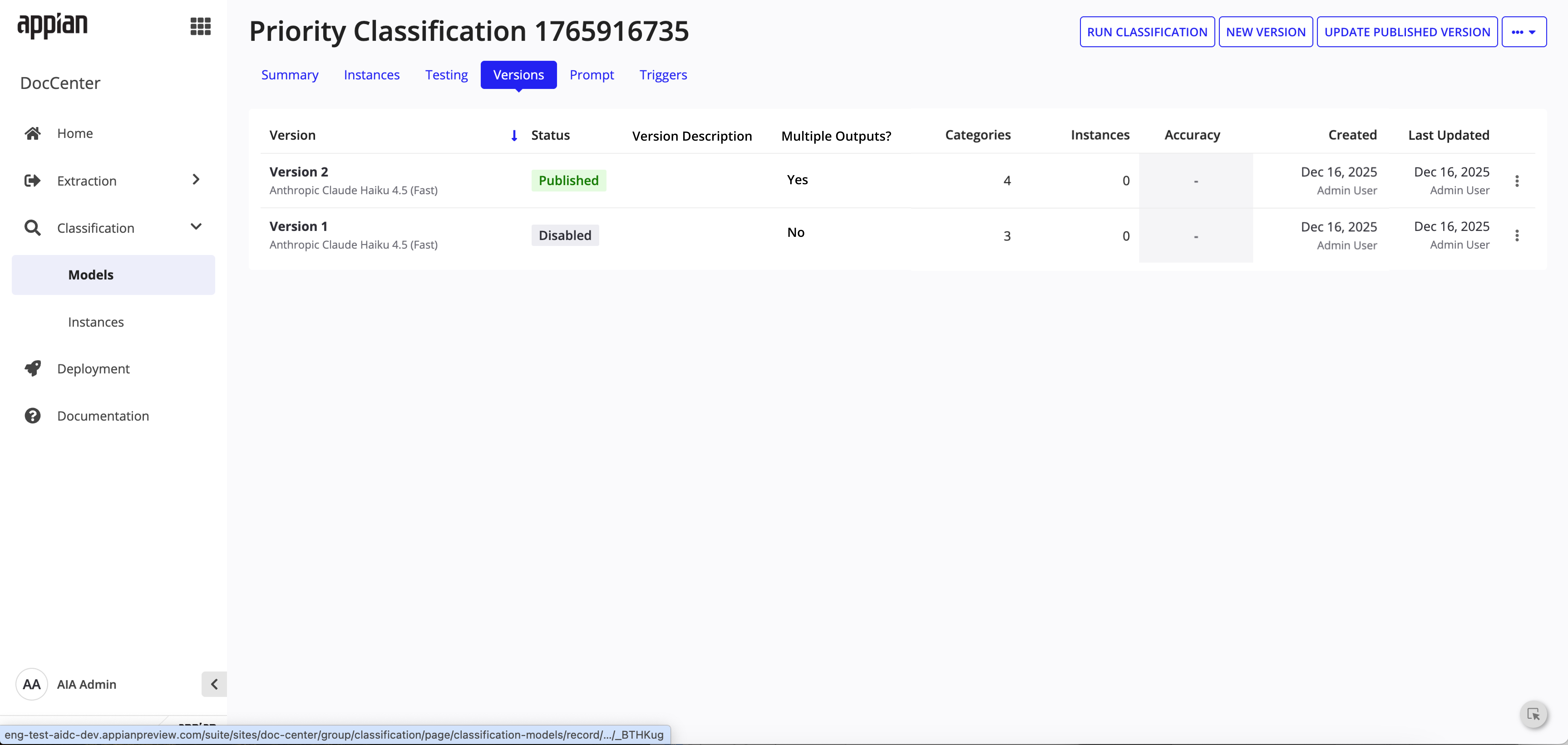 Model versions tab showing Published and Disabled versions with Multiple Outputs column indicating packet splitting capability