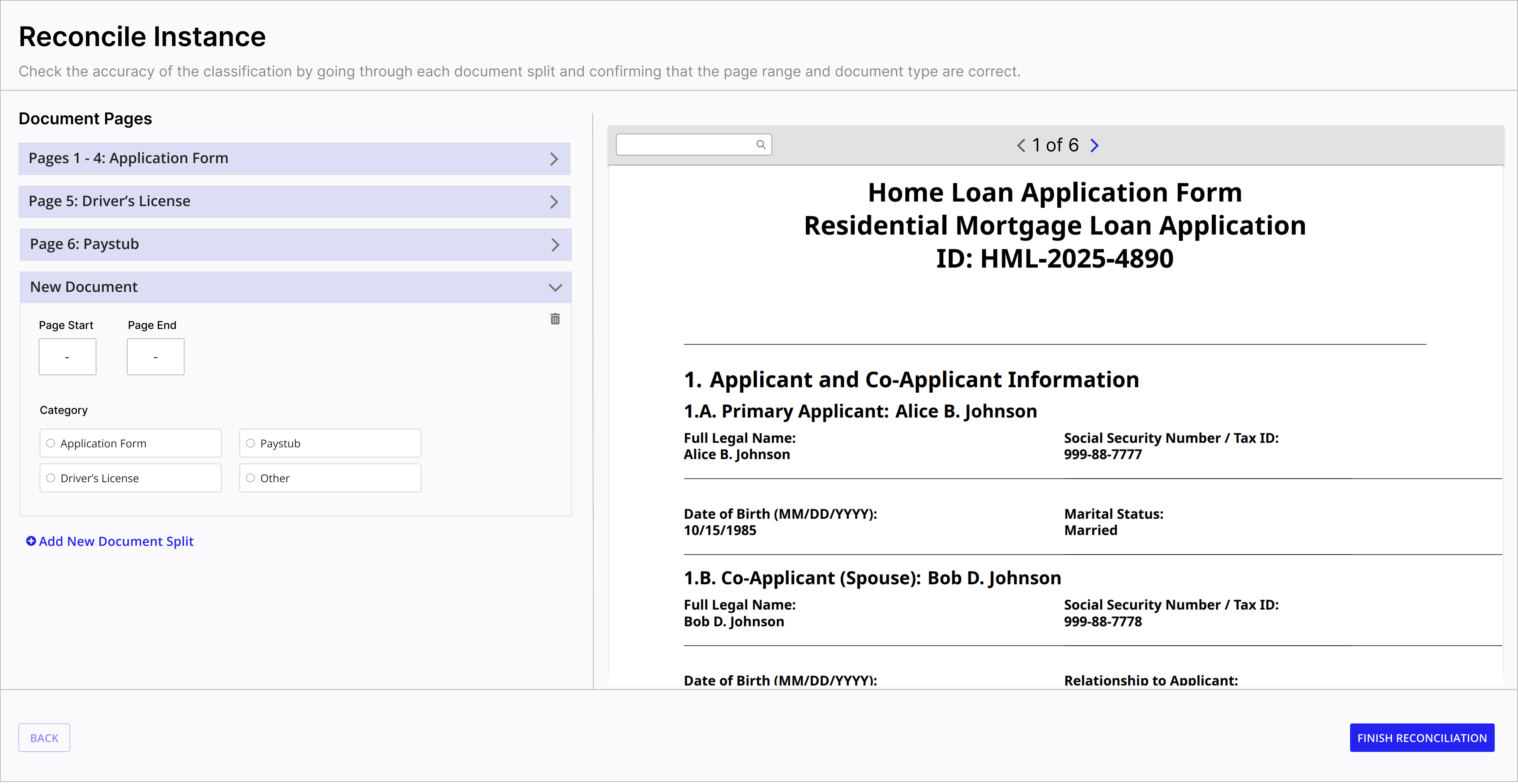 Reconcile Instance view showing Add New Document Split expanded with empty page range fields and category radio buttons for manual document addition