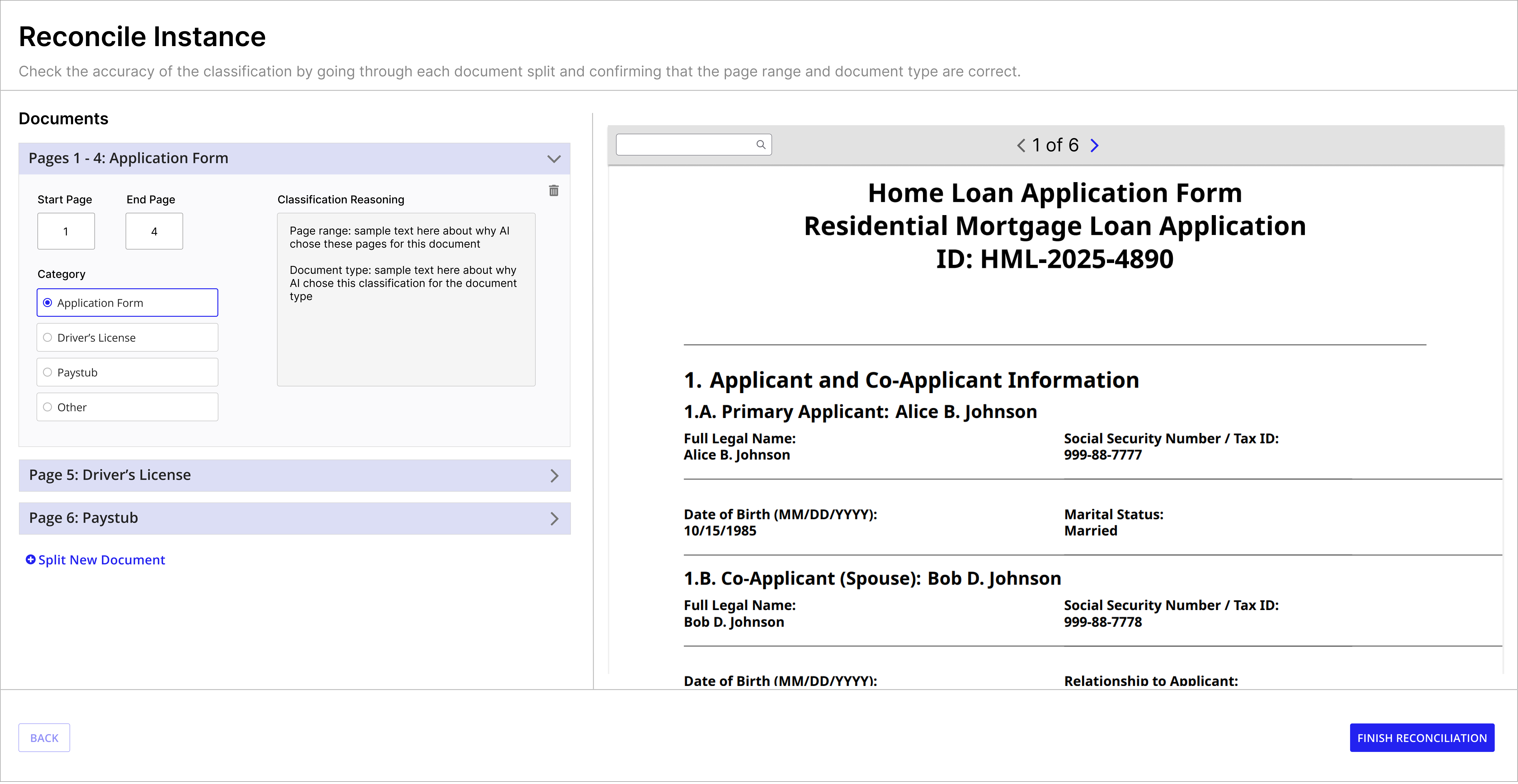 Reconcile Instance view with expanded Application Form split showing Start Page and End Page inputs, Classification Reasoning panel, Category radio buttons with Other option, and Split New Document link