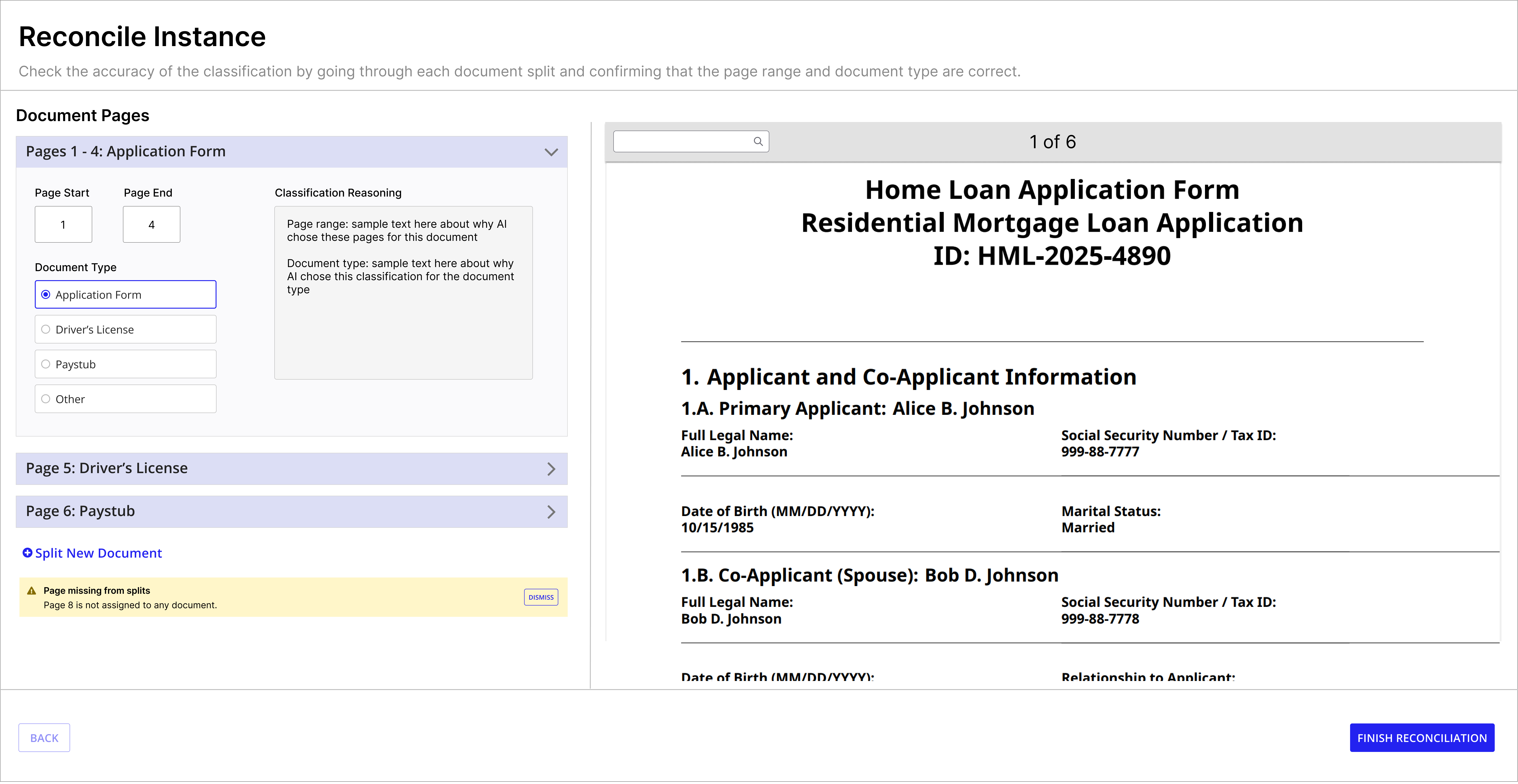 Reconcile Instance view showing a Page missing from splits warning banner at the bottom: Page 8 is not assigned to any document