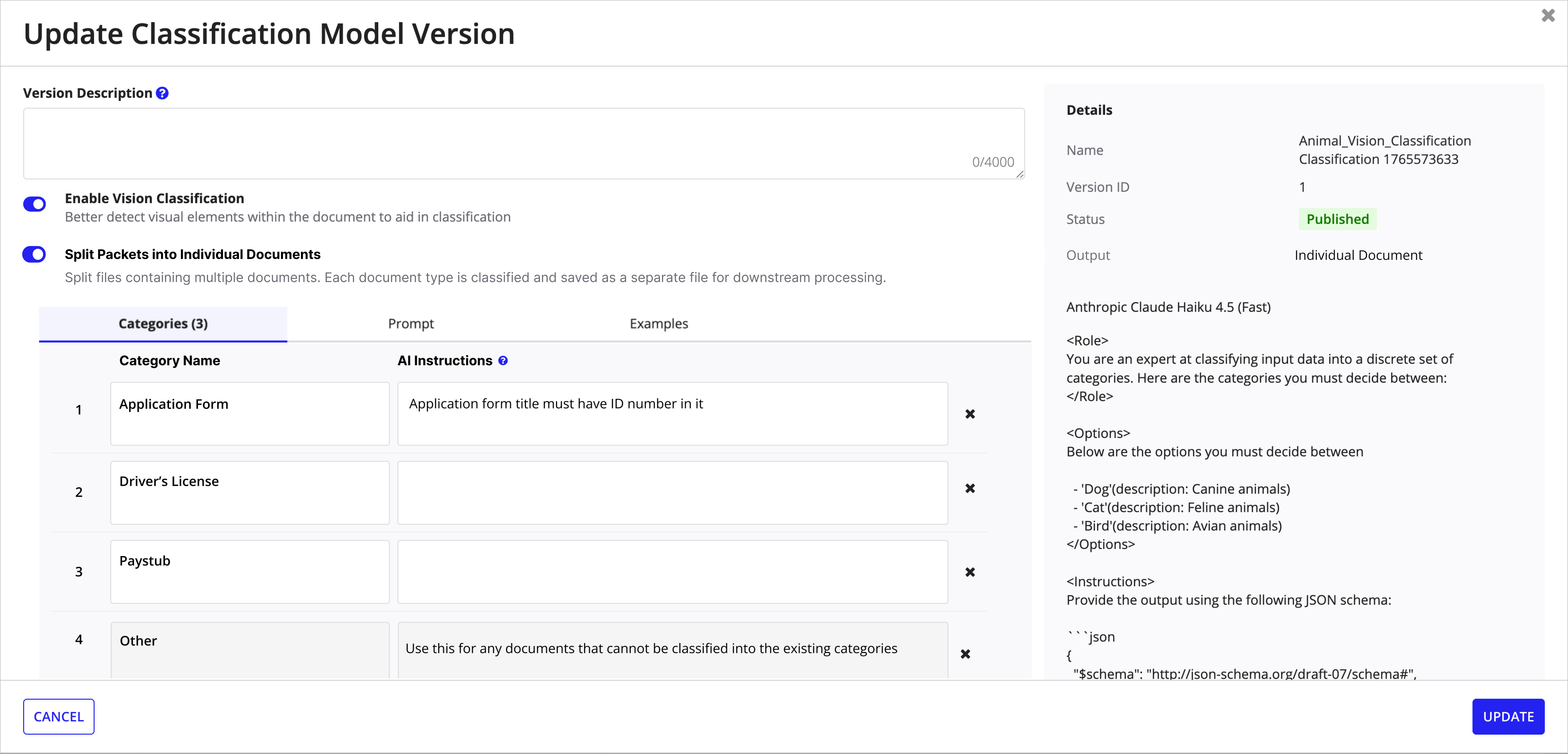 Update Classification Model Version modal showing Split Packets into Individual Documents toggle enabled, category list with Other category, and version details panel