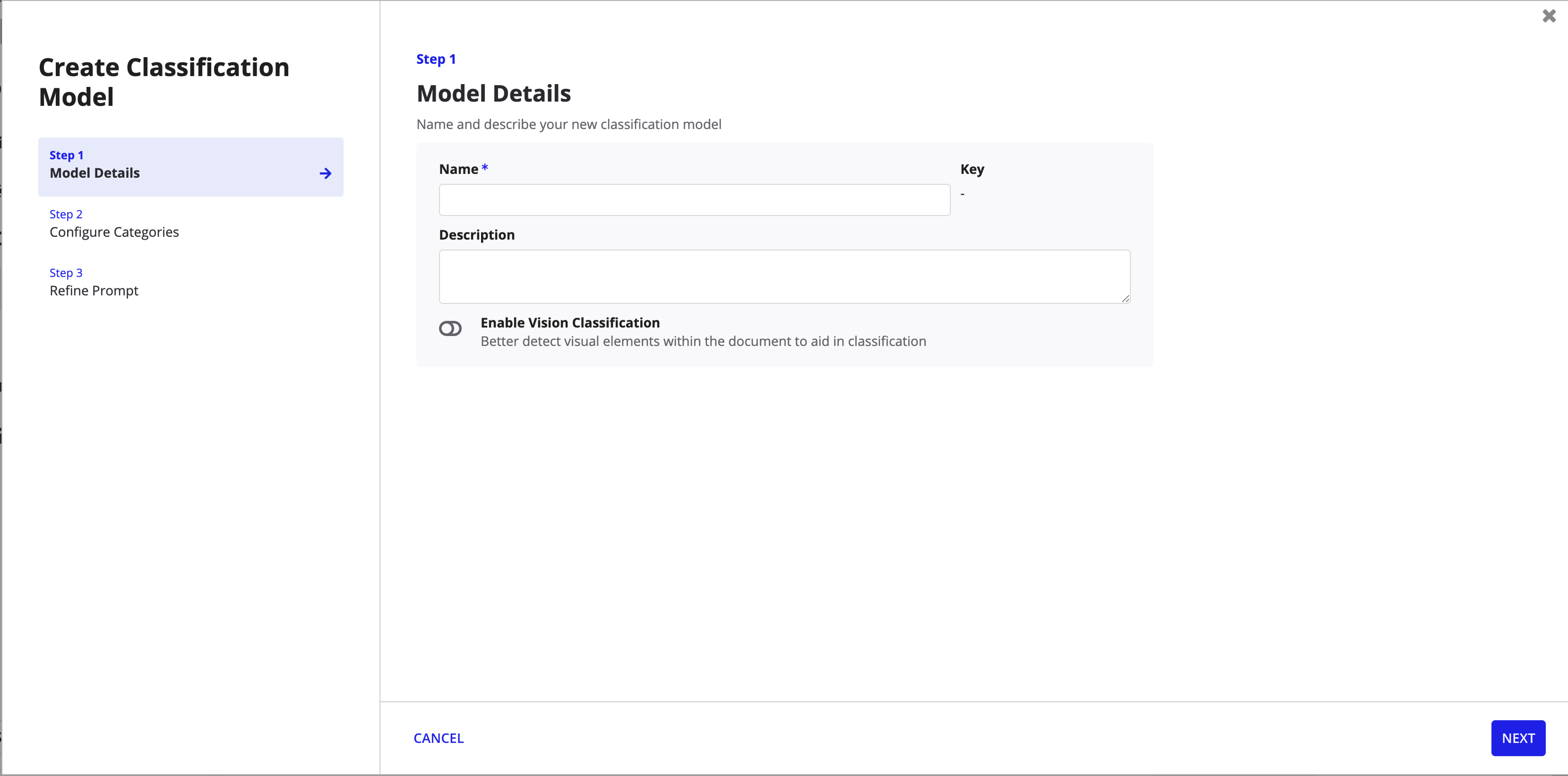 Mid-fi mockup of Create Classification Model Step 1: Model Details with name, key, description fields, and Enable Vision Classification toggle