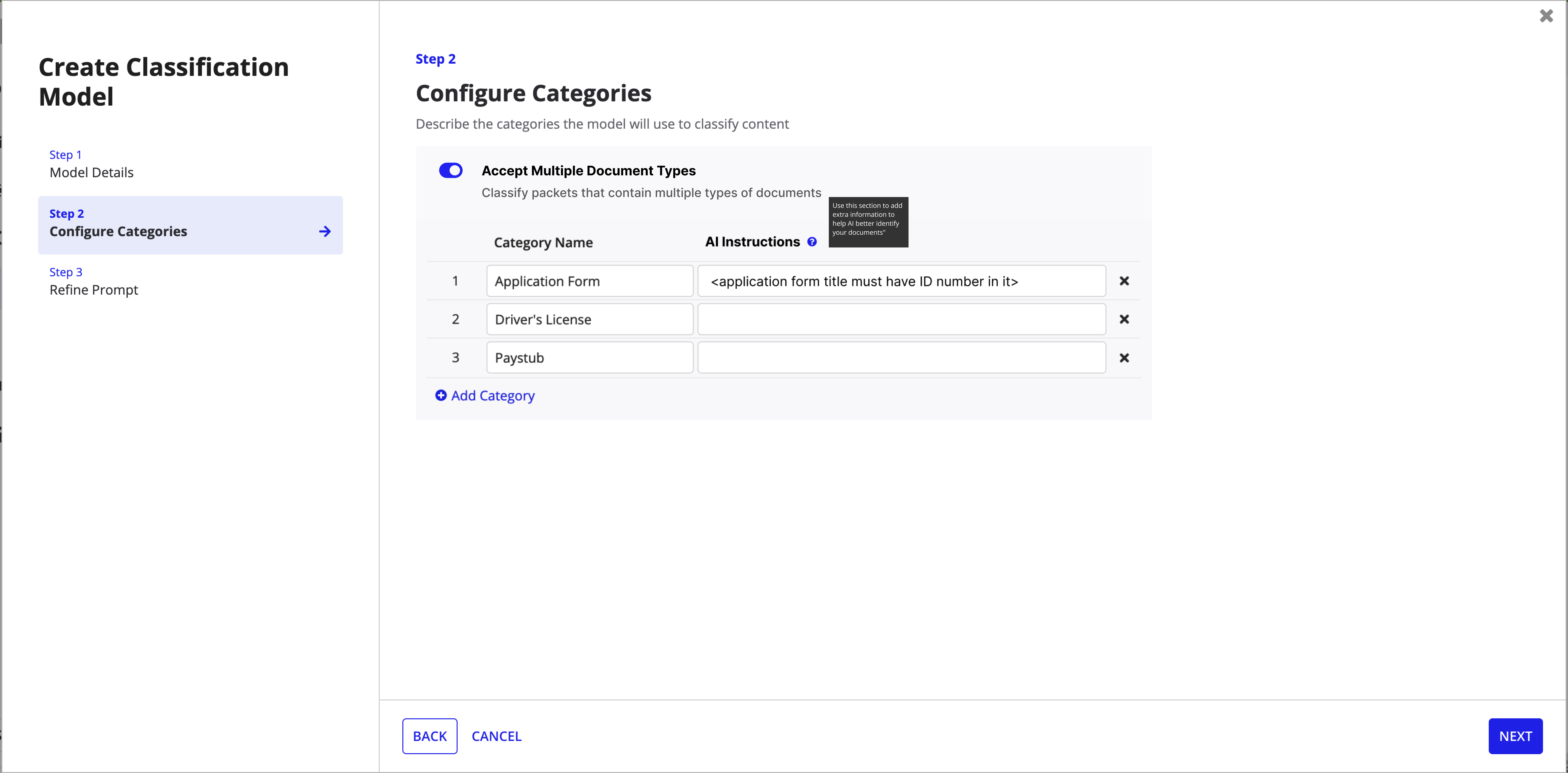 Mid-fi mockup of Create Classification Model Step 2: Configure Categories with Accept Multiple Document Types toggle enabled and category list