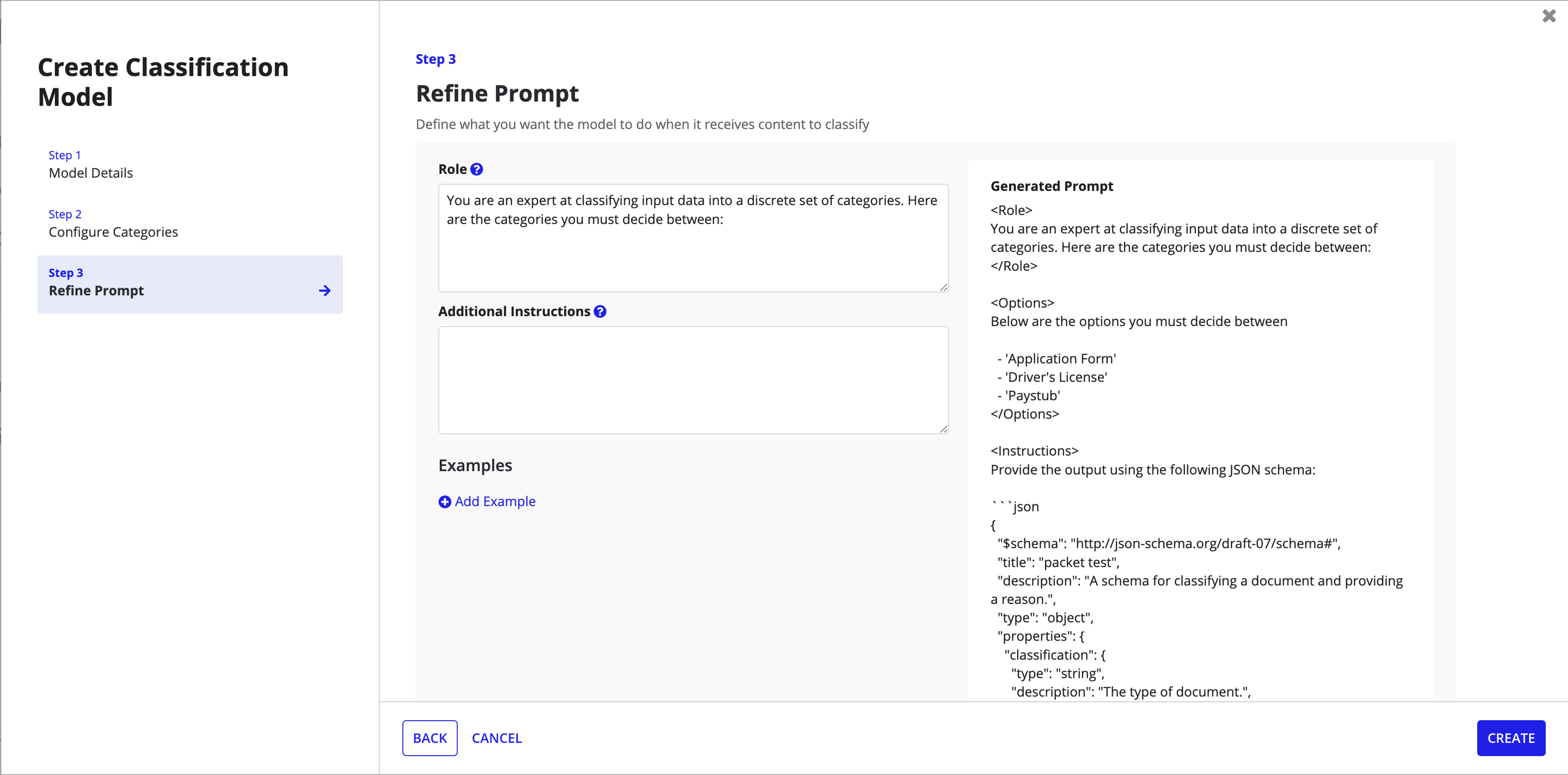 Mid-fi mockup of Create Classification Model Step 3: Refine Prompt with role, additional instructions, examples, and generated JSON schema preview