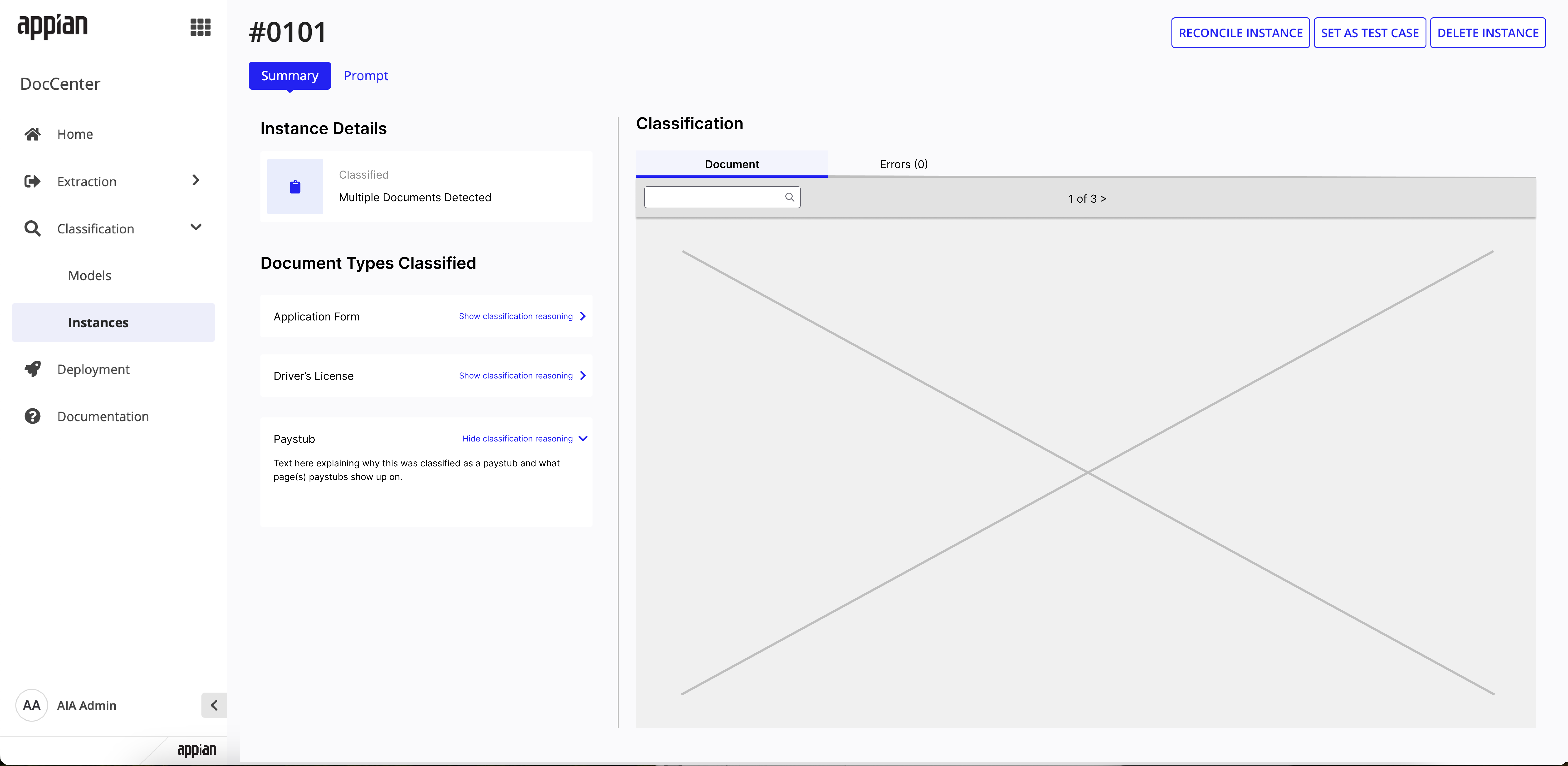Mid-fi mockup of instance summary showing Classified status with Multiple Documents Detected and expandable classification reasoning per document type