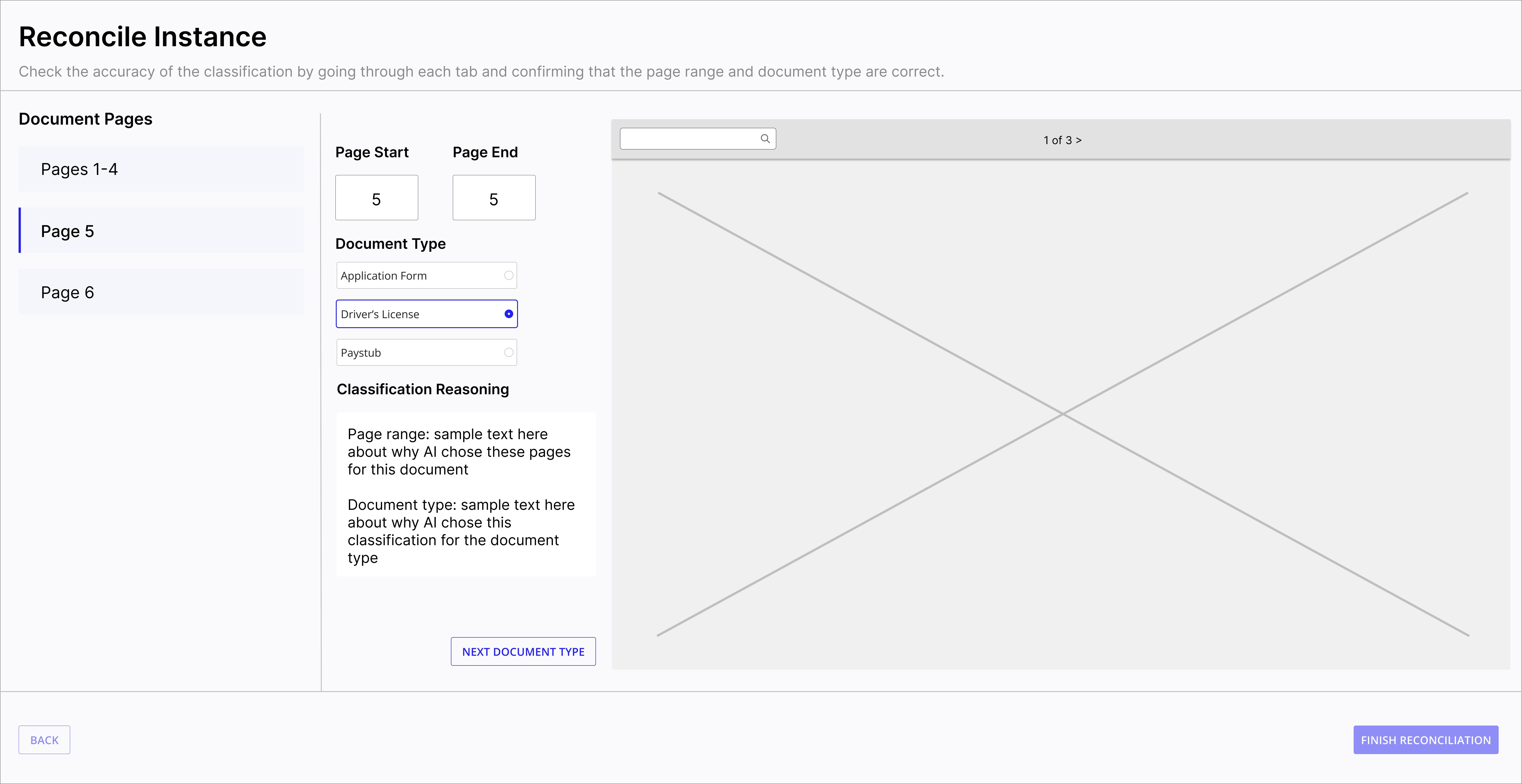 Mid-fi mockup of Reconcile Instance showing Page 5 selected with Driver's License classification, demonstrating navigation between split documents