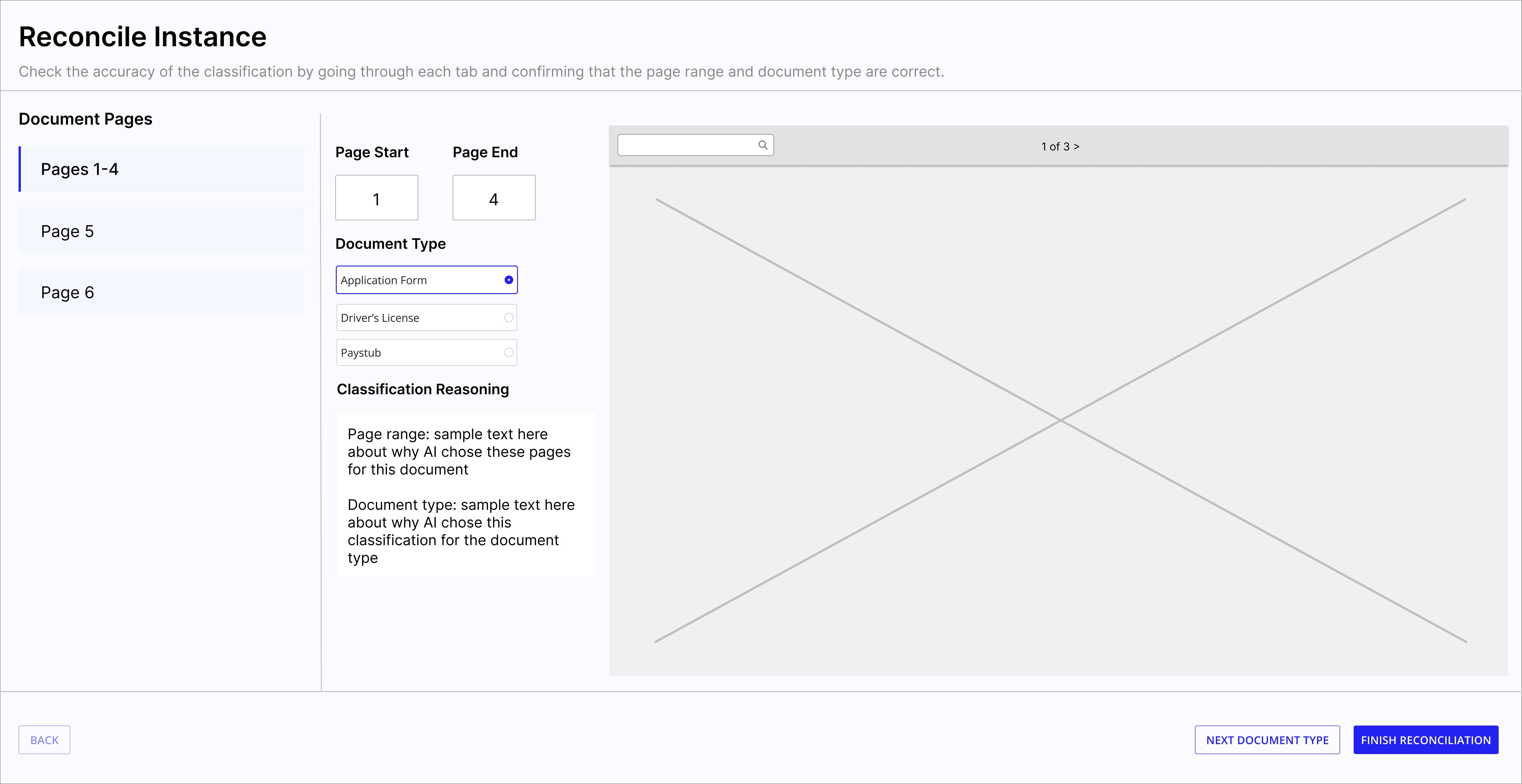 Mid-fi mockup of Reconcile Instance showing Pages 1-4 selected with Application Form classification, page range inputs, and classification reasoning