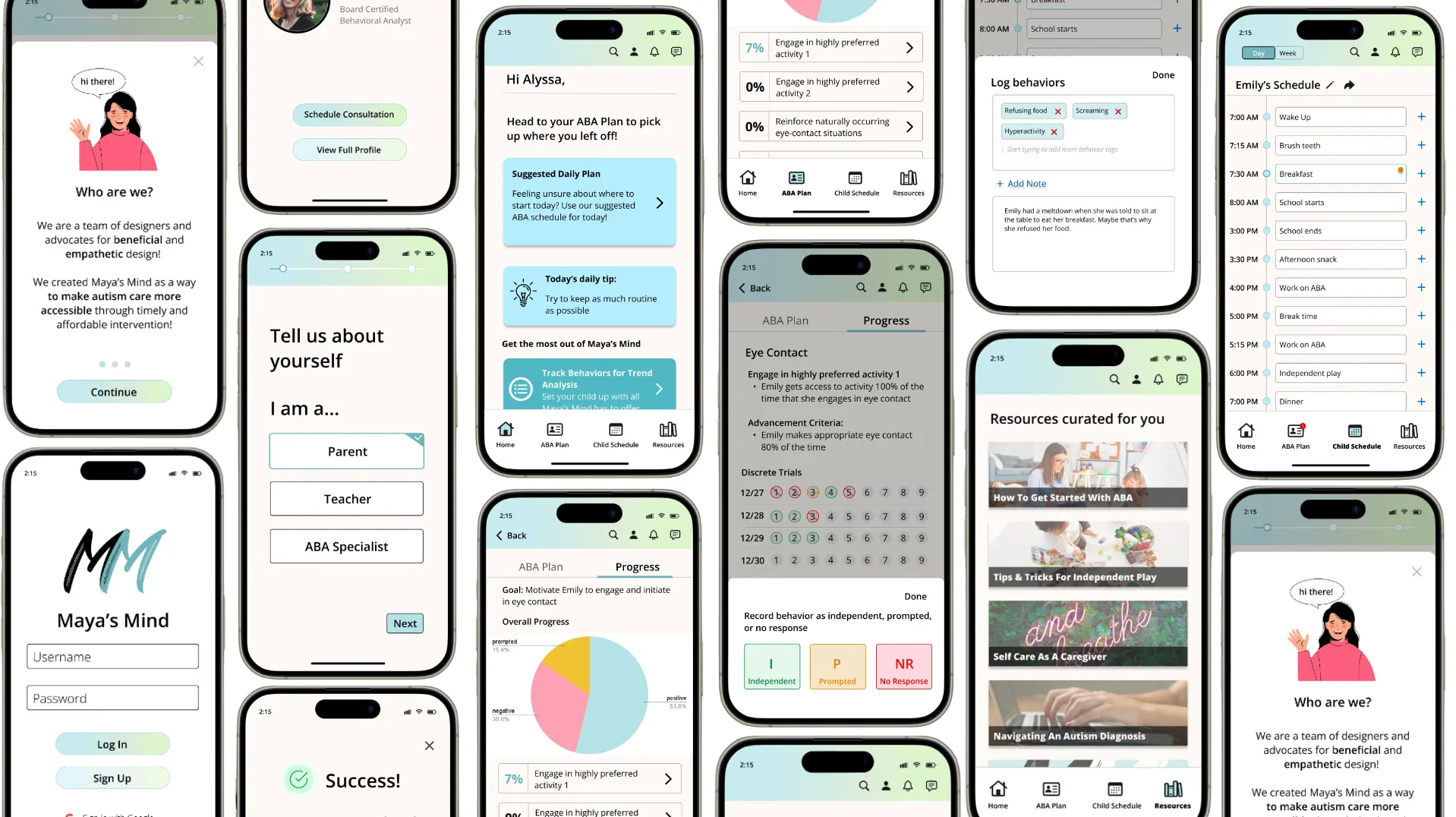 Maya's Mind app interface showing the platform for autism care support