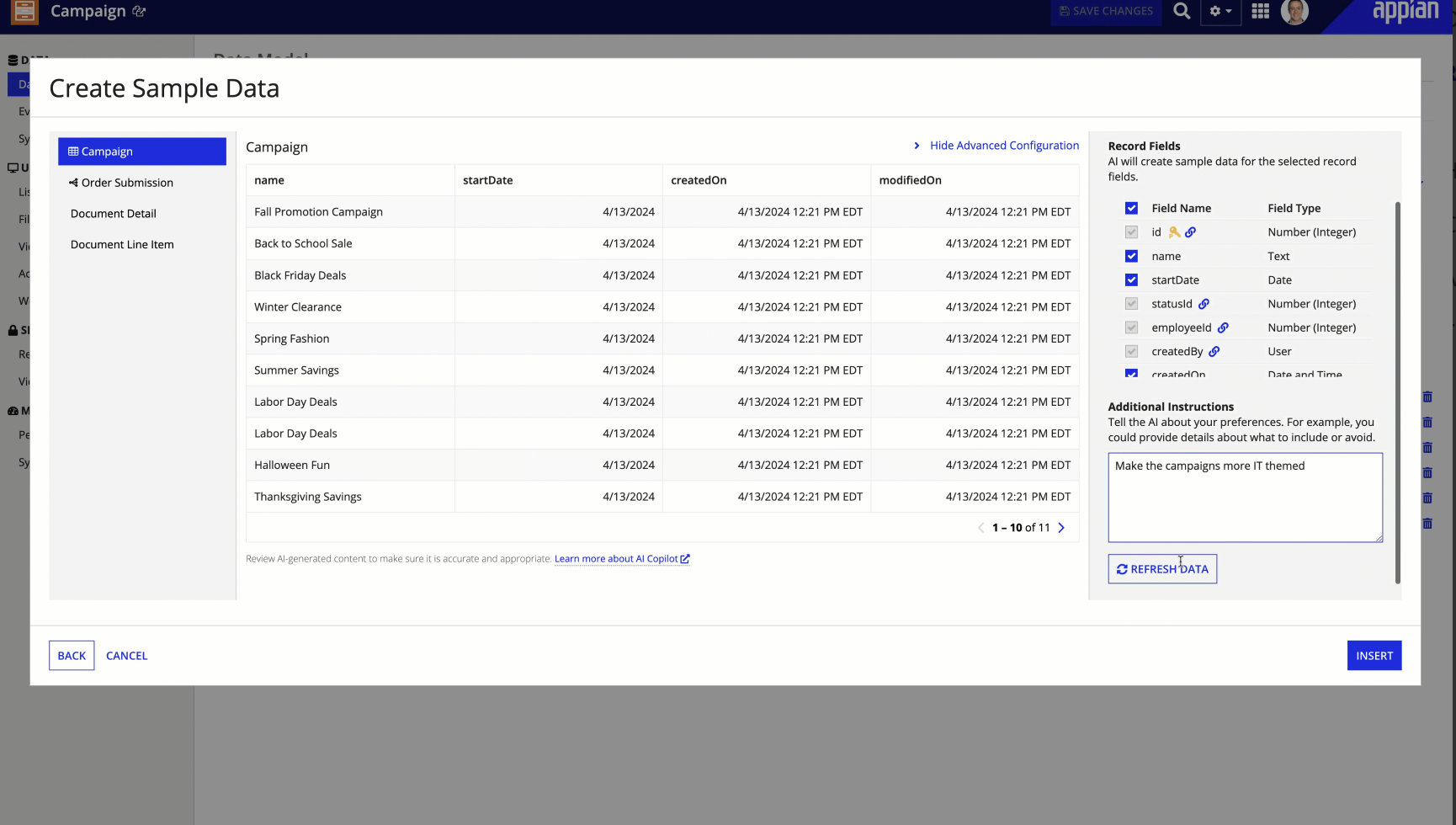 Create Sample Data wizard showing Campaign record with related record types, advanced configuration panel with Record Fields selection, Field Types, and Additional Instructions field with custom prompt