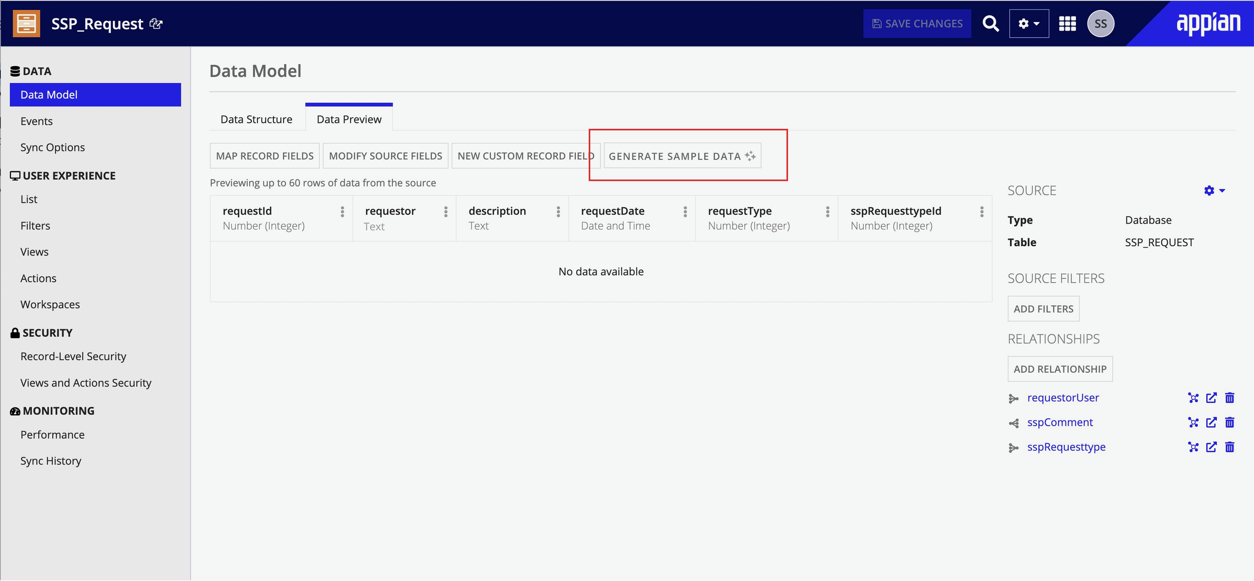 Appian Data Model view showing an empty Data Preview tab with no data available, with the Generate Sample Data button highlighted as the entry point