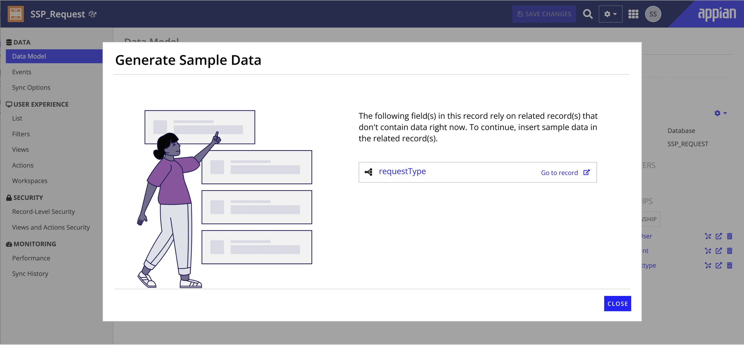 Generate Sample Data modal showing the related record dependency edge case with an illustration and message directing users to insert sample data in related records first, with a Go to record link for the requestType dependency