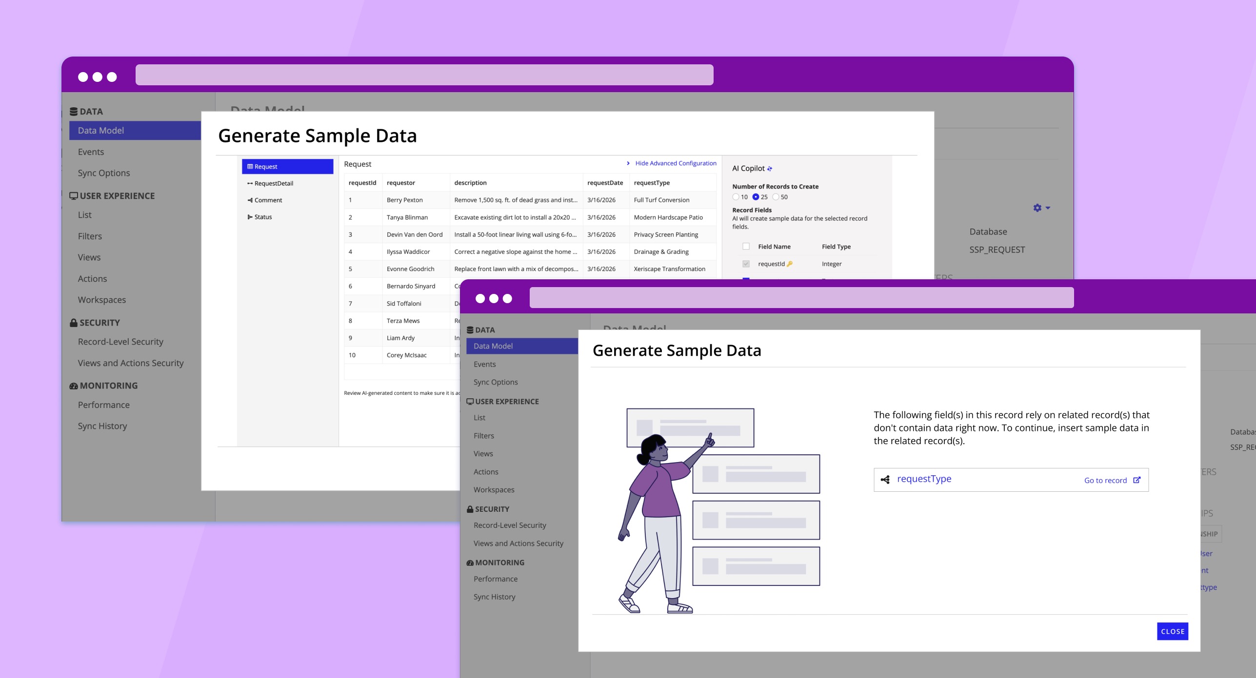 Generate Sample Data feature interface showing data table with AI-generated sample records and configuration panel