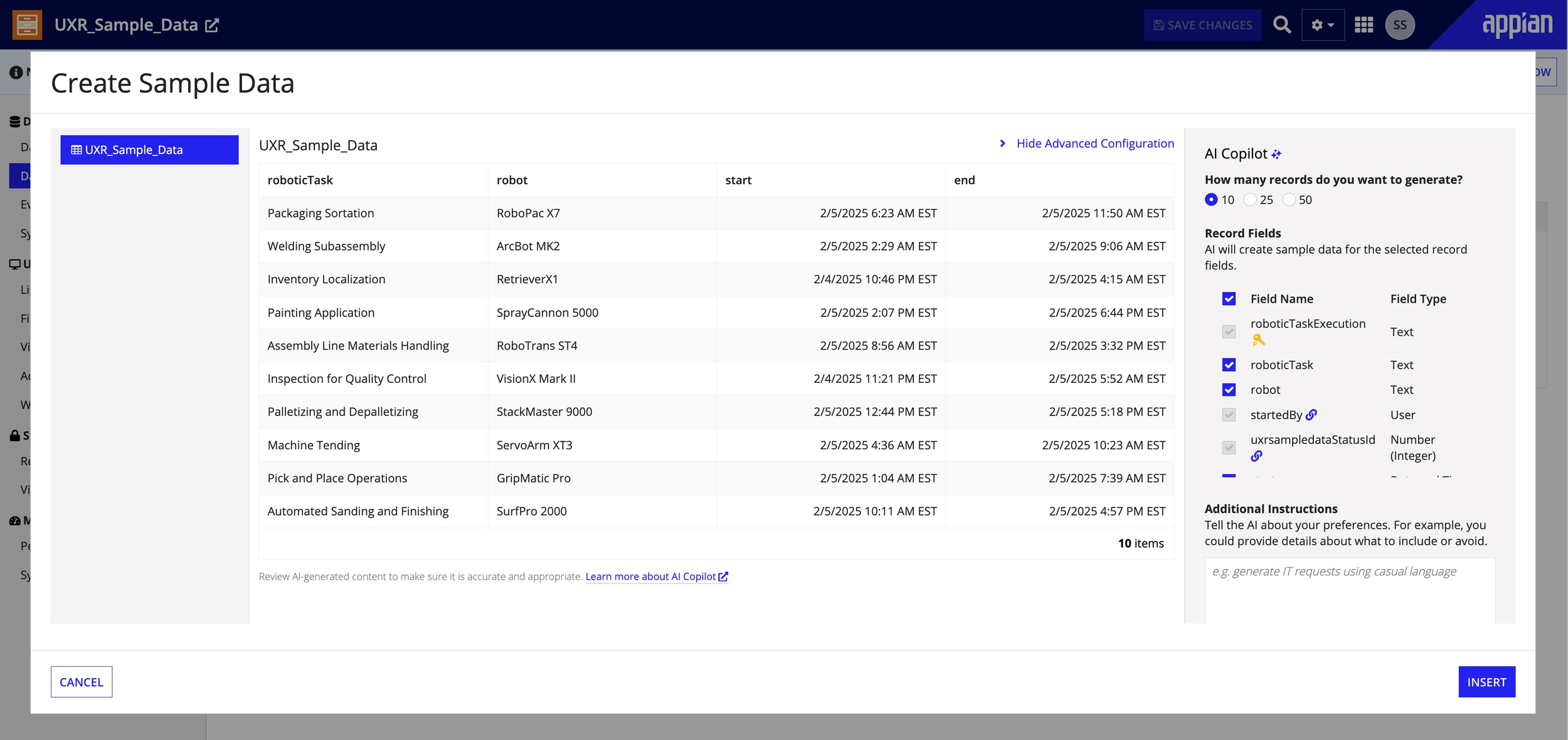Latest Create Sample Data wizard with AI Copilot branding, showing the advanced configuration panel with record fields, field types, and additional instructions input for tailoring AI-generated data