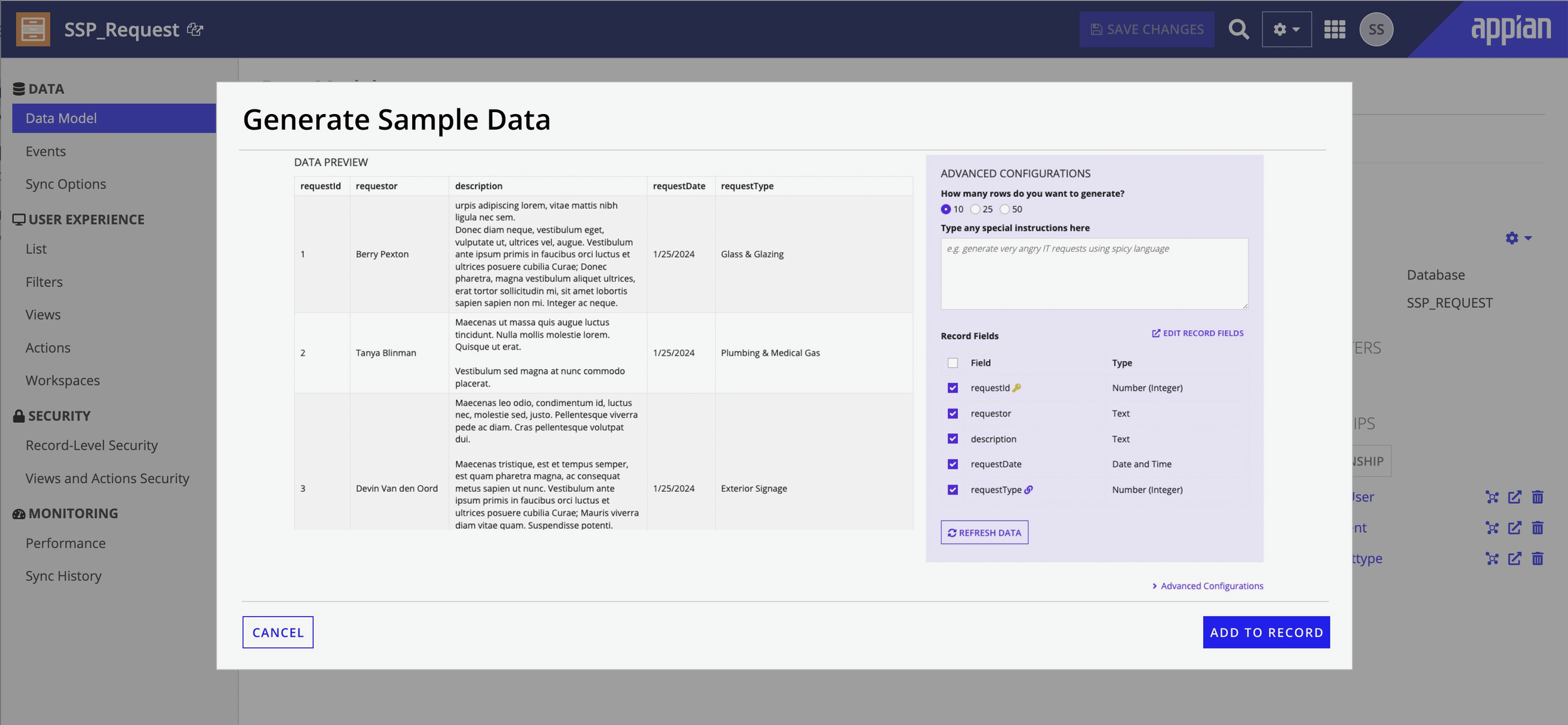 Generate Sample Data wizard showing a data preview table with AI-generated records, alongside the Advanced Configurations panel with row quantity, special instructions, and record field selection options