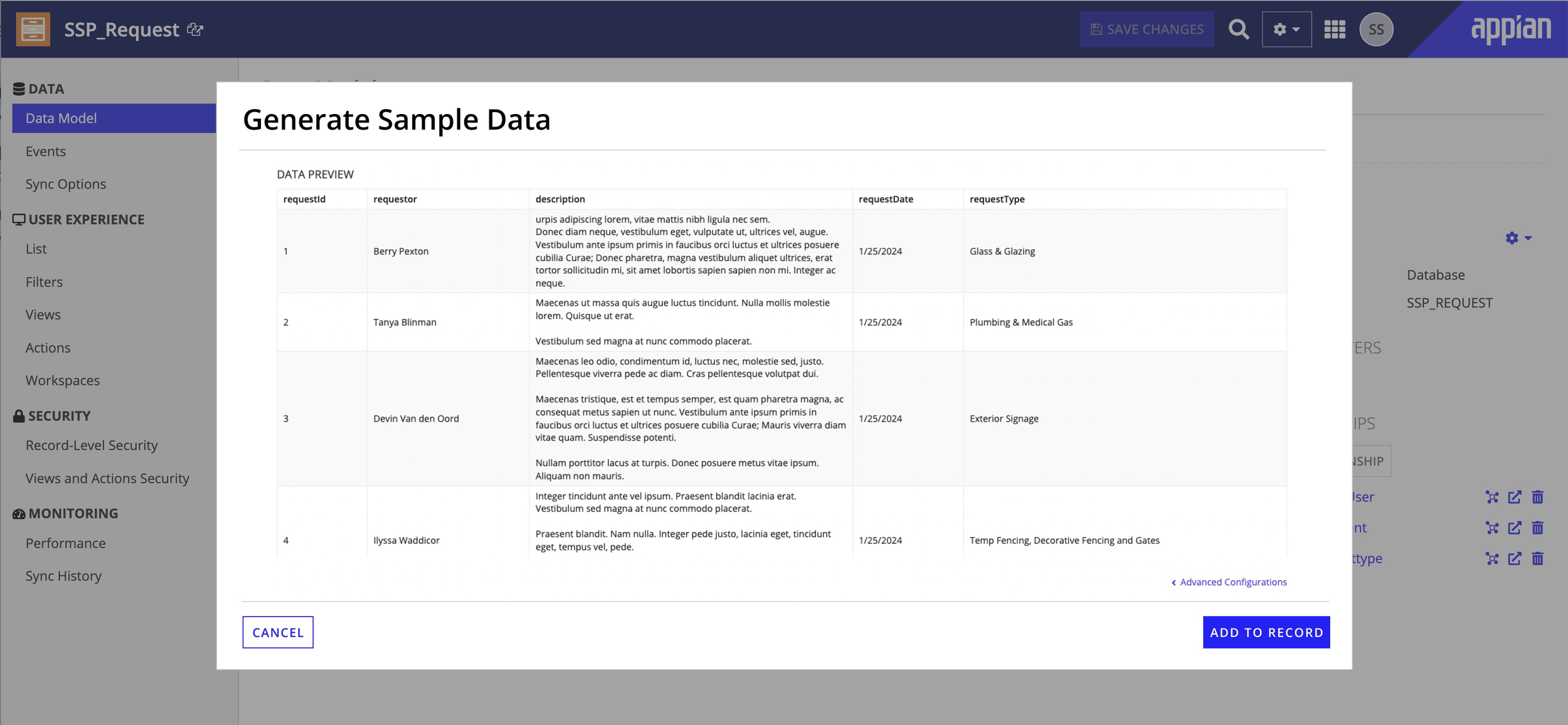 Generate Sample Data wizard showing expanded data preview with 4 rows of realistic AI-generated data including descriptions and request types, with Advanced Configurations collapsed for a cleaner view